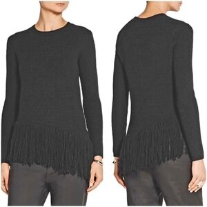 Theory Hudina Sweater Asymmetrical Fringe Hem Merino Wool Black Medium M
